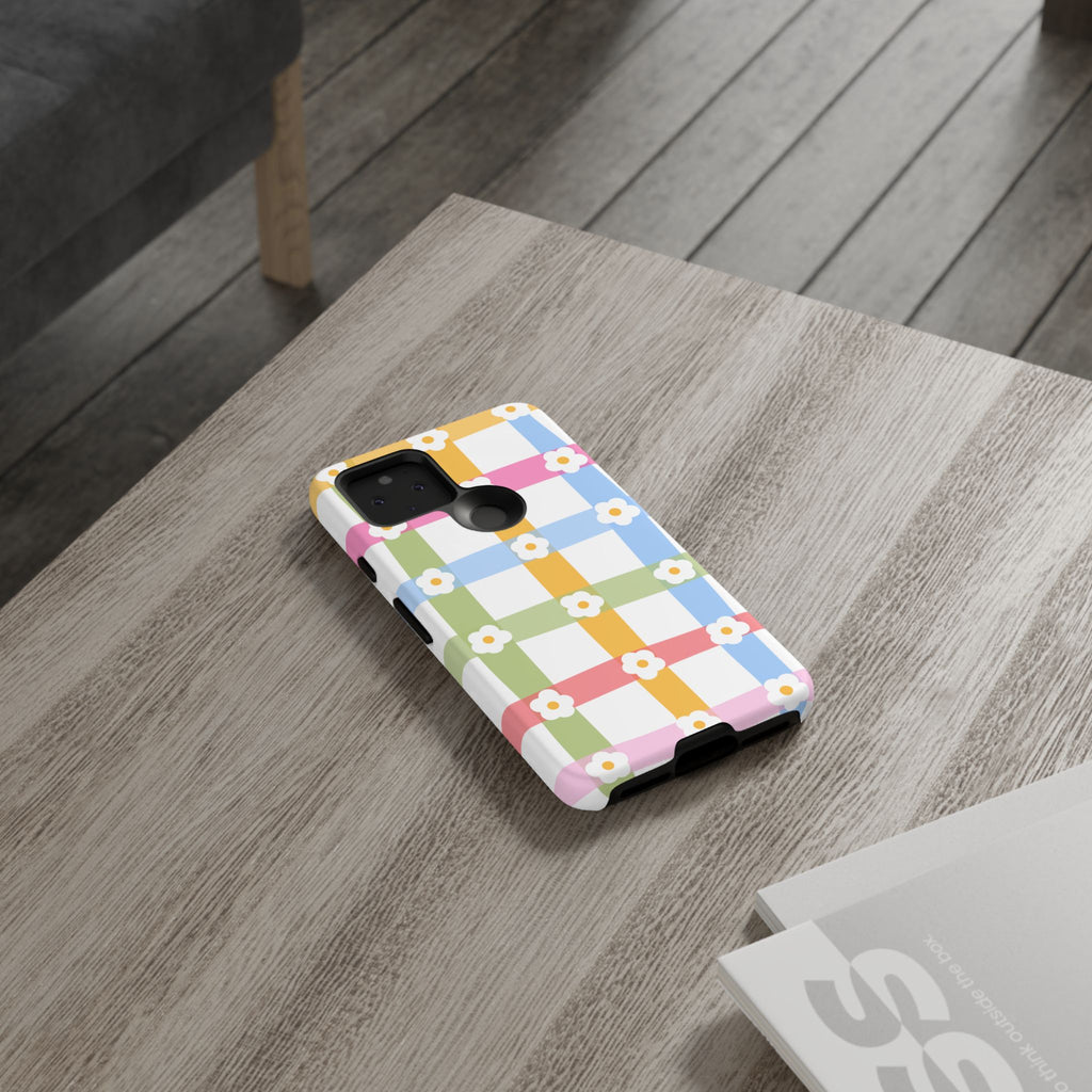 Floral Gingham  Pastel Checkerboard Phone Cover with Daisies
