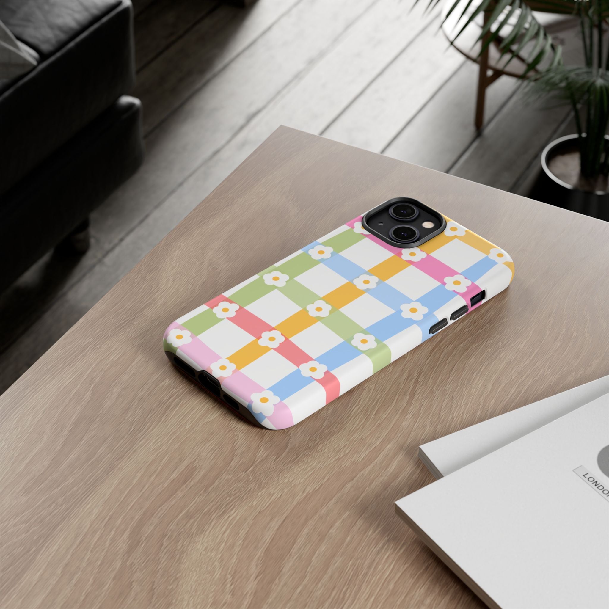 Floral Gingham  Pastel Checkerboard Phone Cover with Daisies