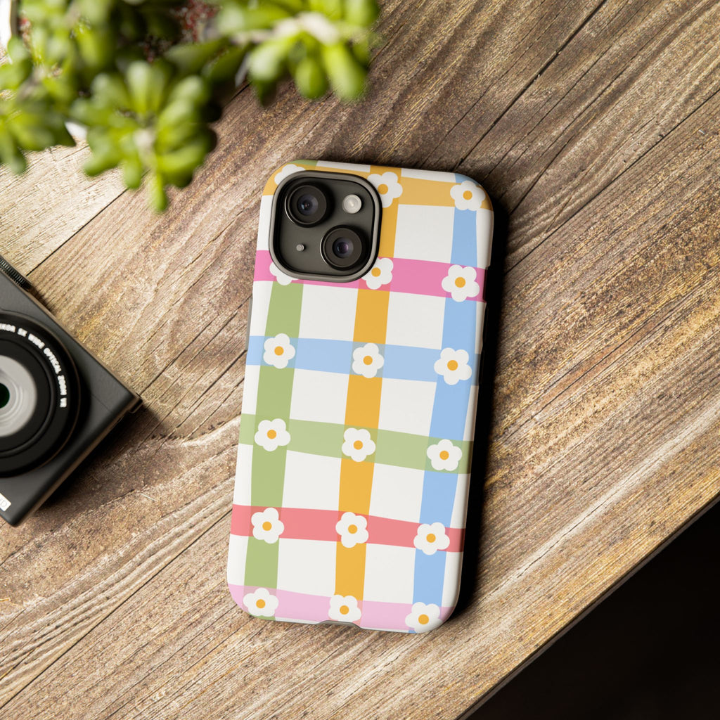 Floral Gingham  Pastel Checkerboard Phone Cover with Daisies