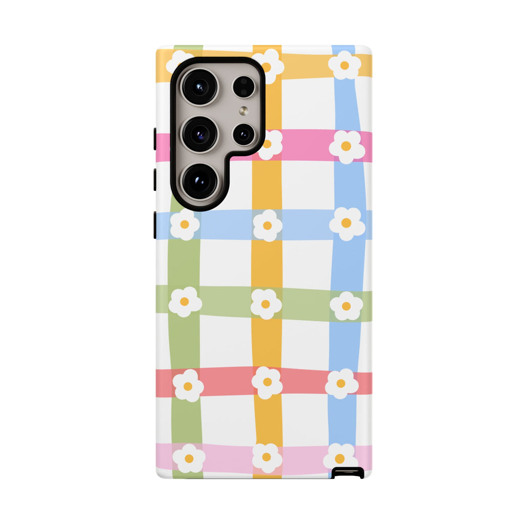 Floral Gingham  Pastel Checkerboard Phone Cover with Daisies