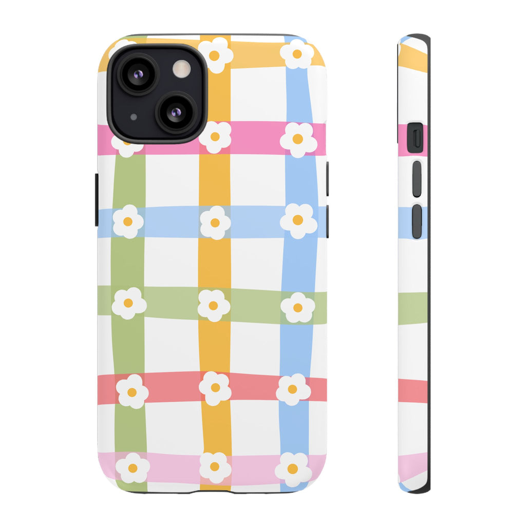 Floral Gingham  Pastel Checkerboard Phone Cover with Daisies