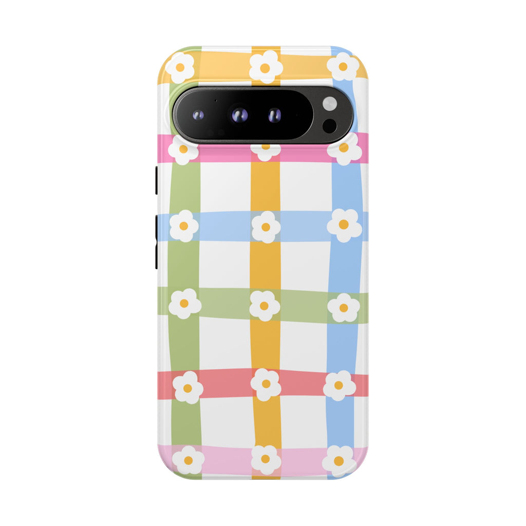 Floral Gingham  Pastel Checkerboard Phone Cover with Daisies