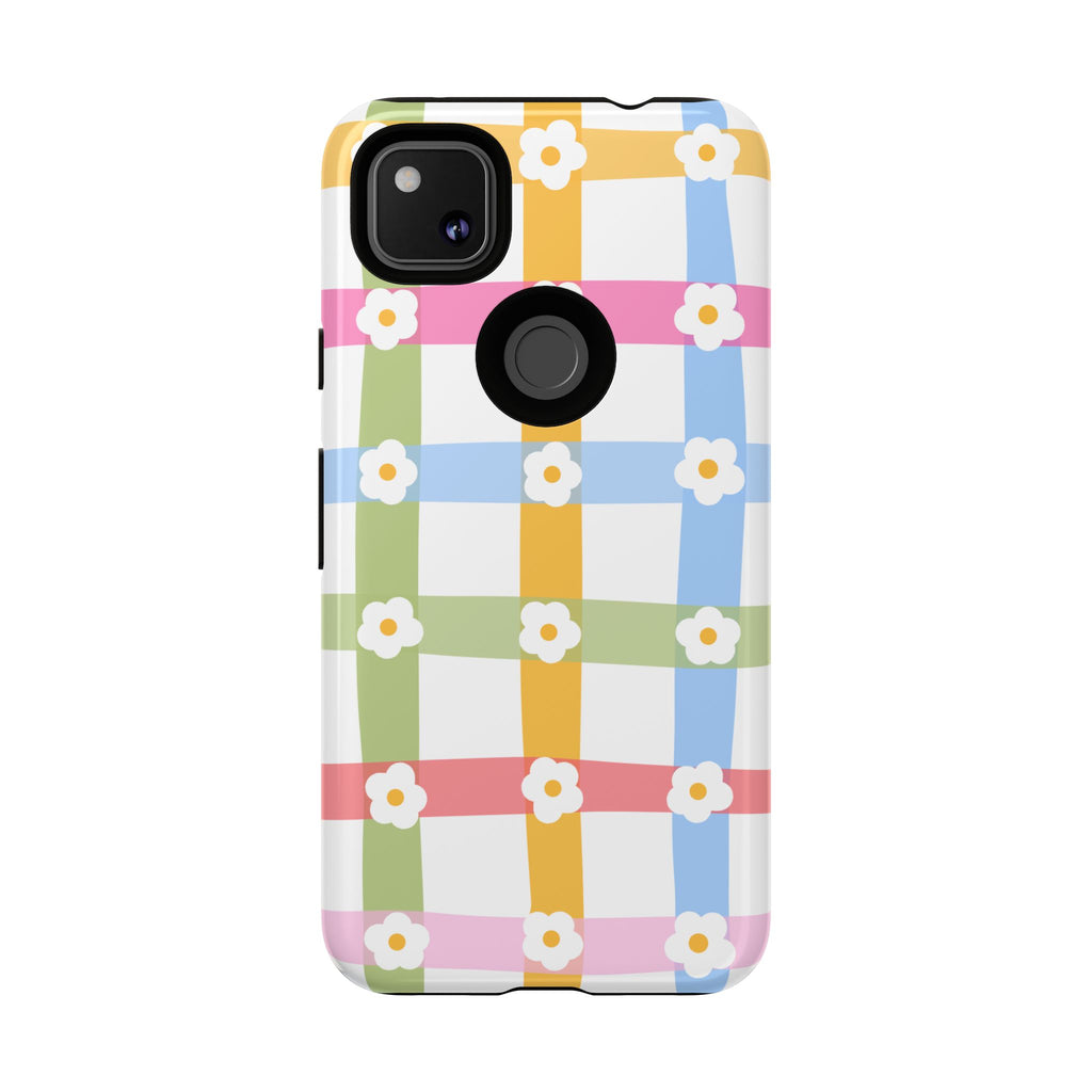Floral Gingham  Pastel Checkerboard Phone Cover with Daisies