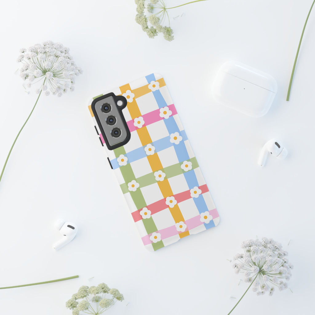 Floral Gingham  Pastel Checkerboard Phone Cover with Daisies