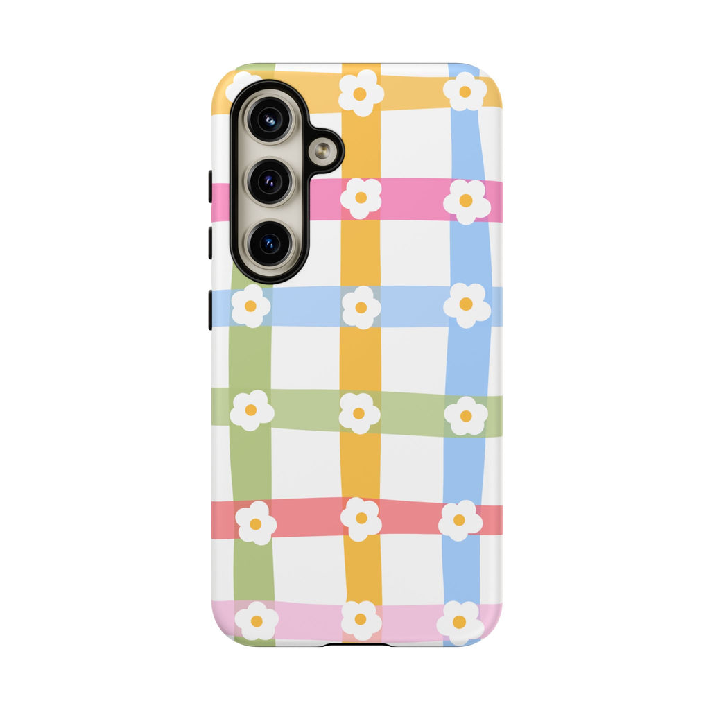 Floral Gingham  Pastel Checkerboard Phone Cover with Daisies