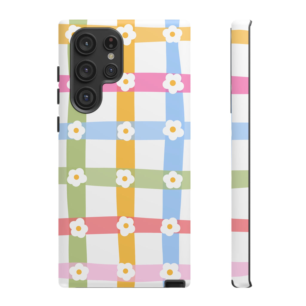 Floral Gingham  Pastel Checkerboard Phone Cover with Daisies