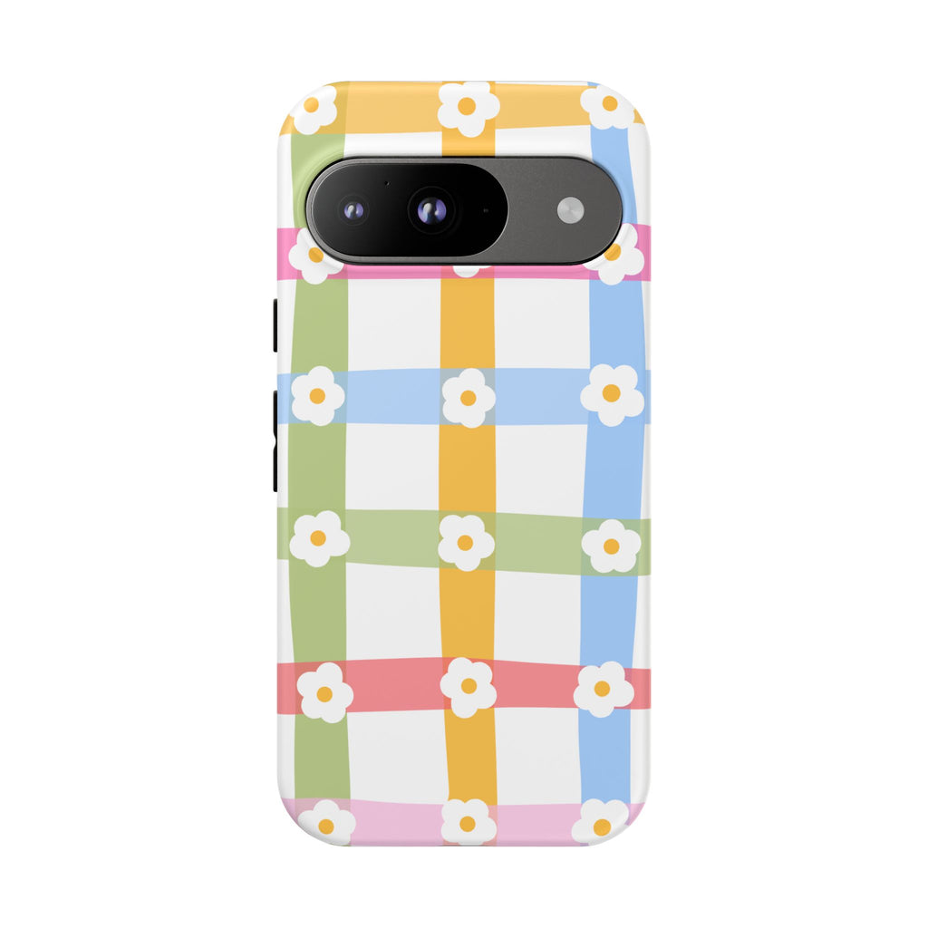 Floral Gingham  Pastel Checkerboard Phone Cover with Daisies