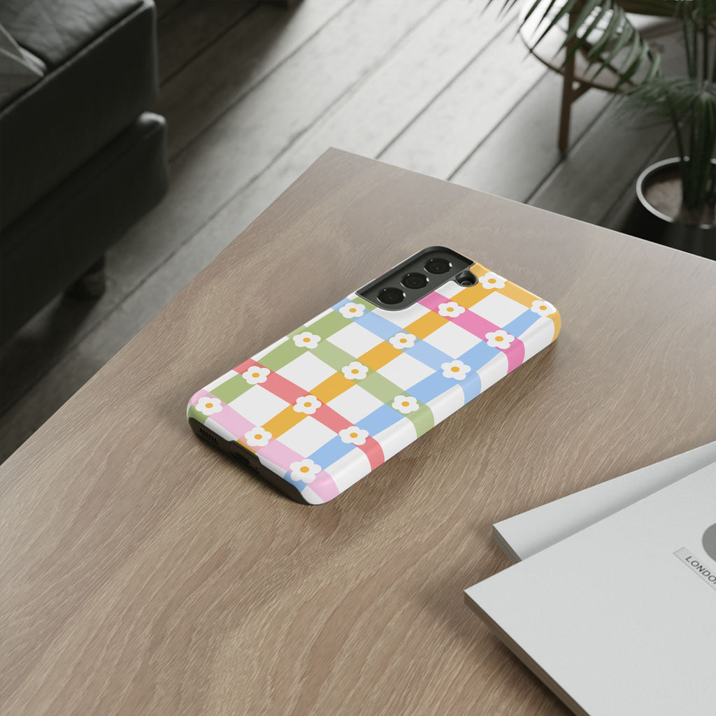 Floral Gingham  Pastel Checkerboard Phone Cover with Daisies