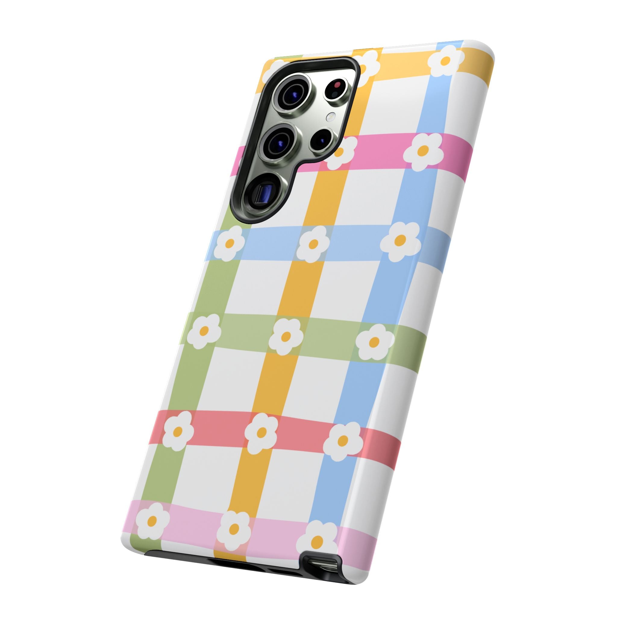 Floral Gingham  Pastel Checkerboard Phone Cover with Daisies