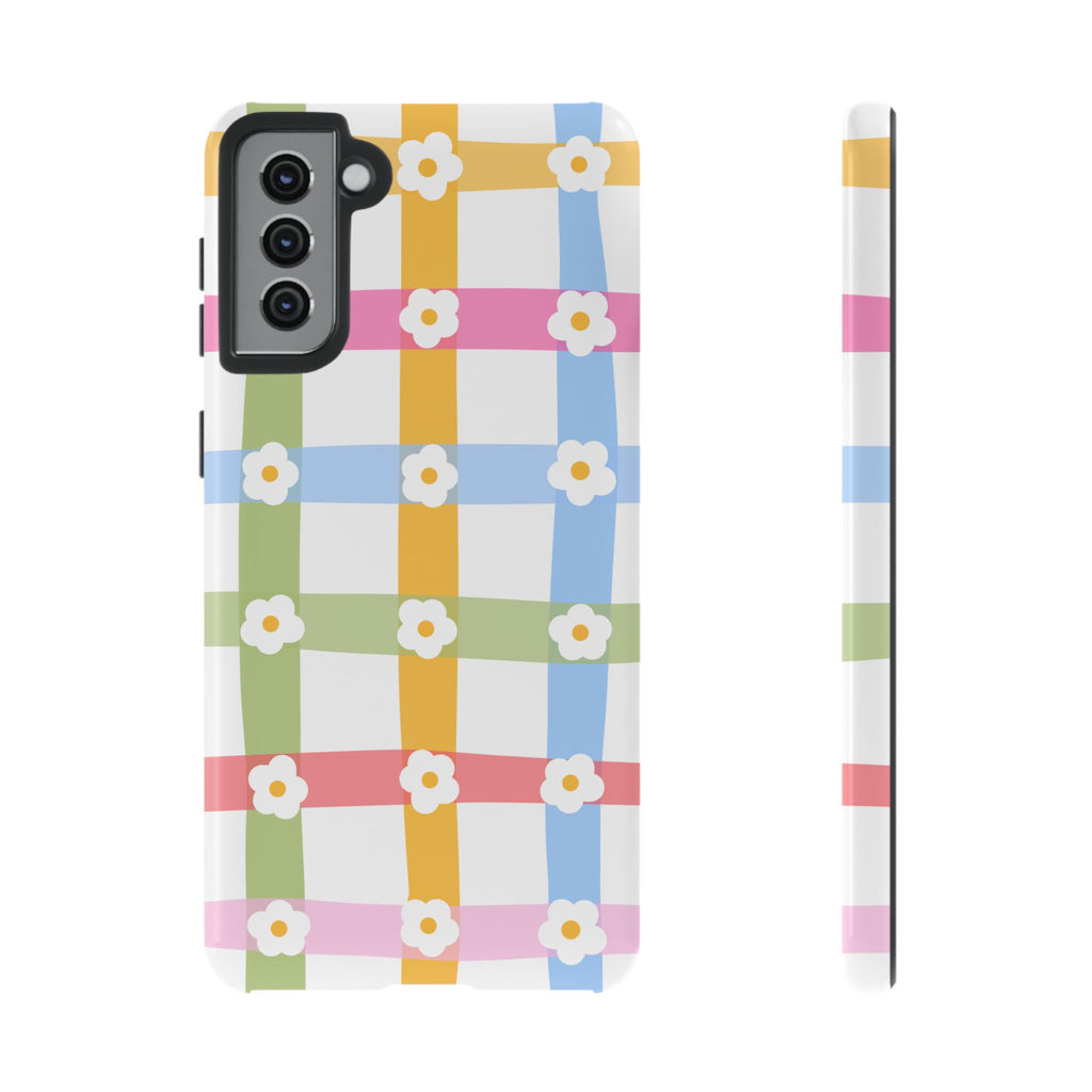 Floral Gingham  Pastel Checkerboard Phone Cover with Daisies