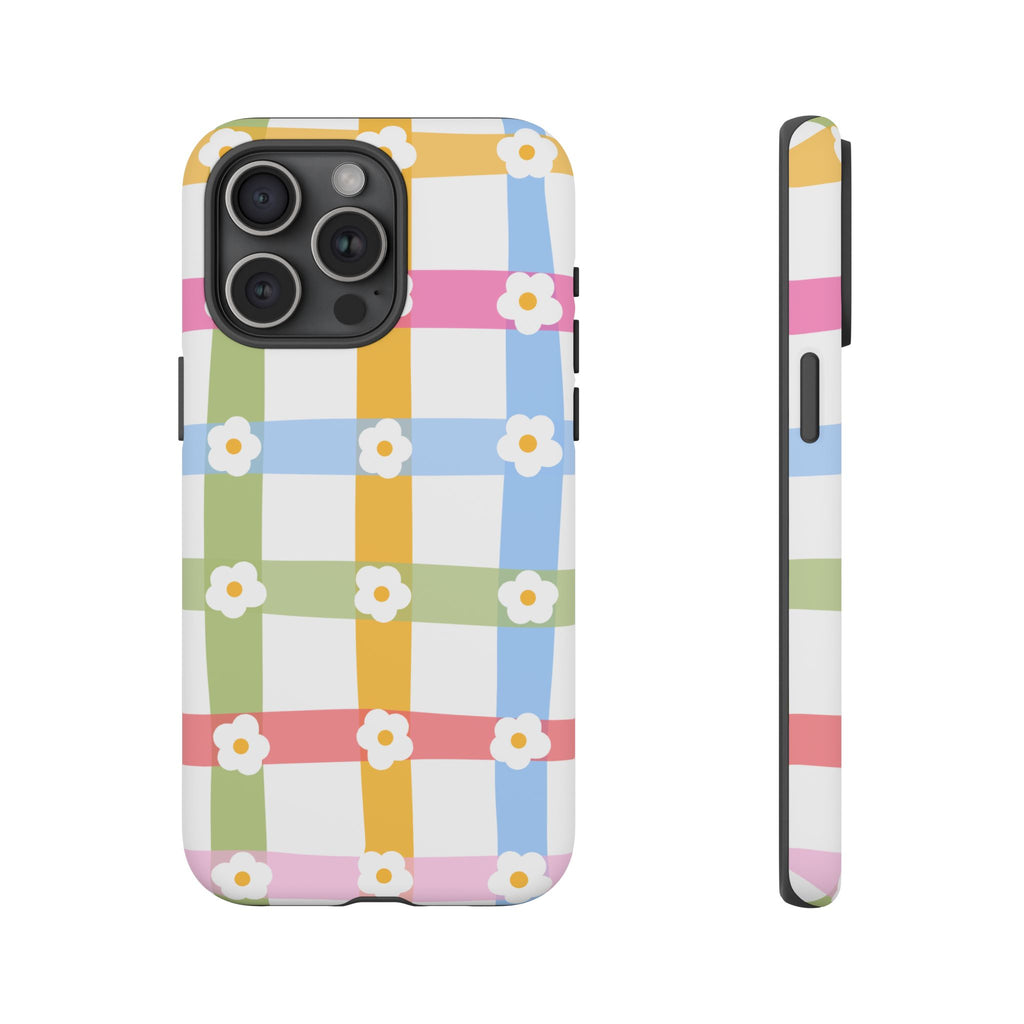 Floral Gingham  Pastel Checkerboard Phone Cover with Daisies
