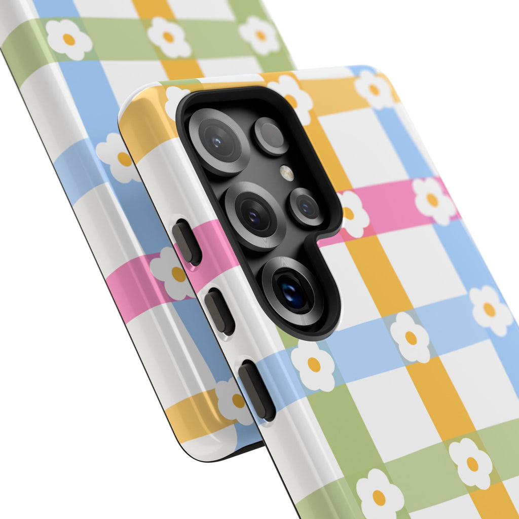 Floral Gingham  Pastel Checkerboard Phone Cover with Daisies