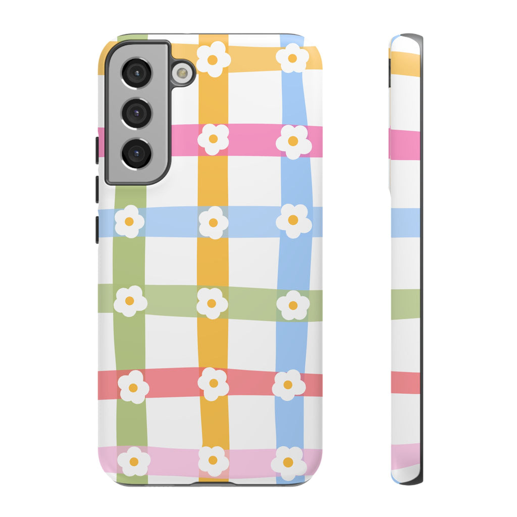 Floral Gingham  Pastel Checkerboard Phone Cover with Daisies