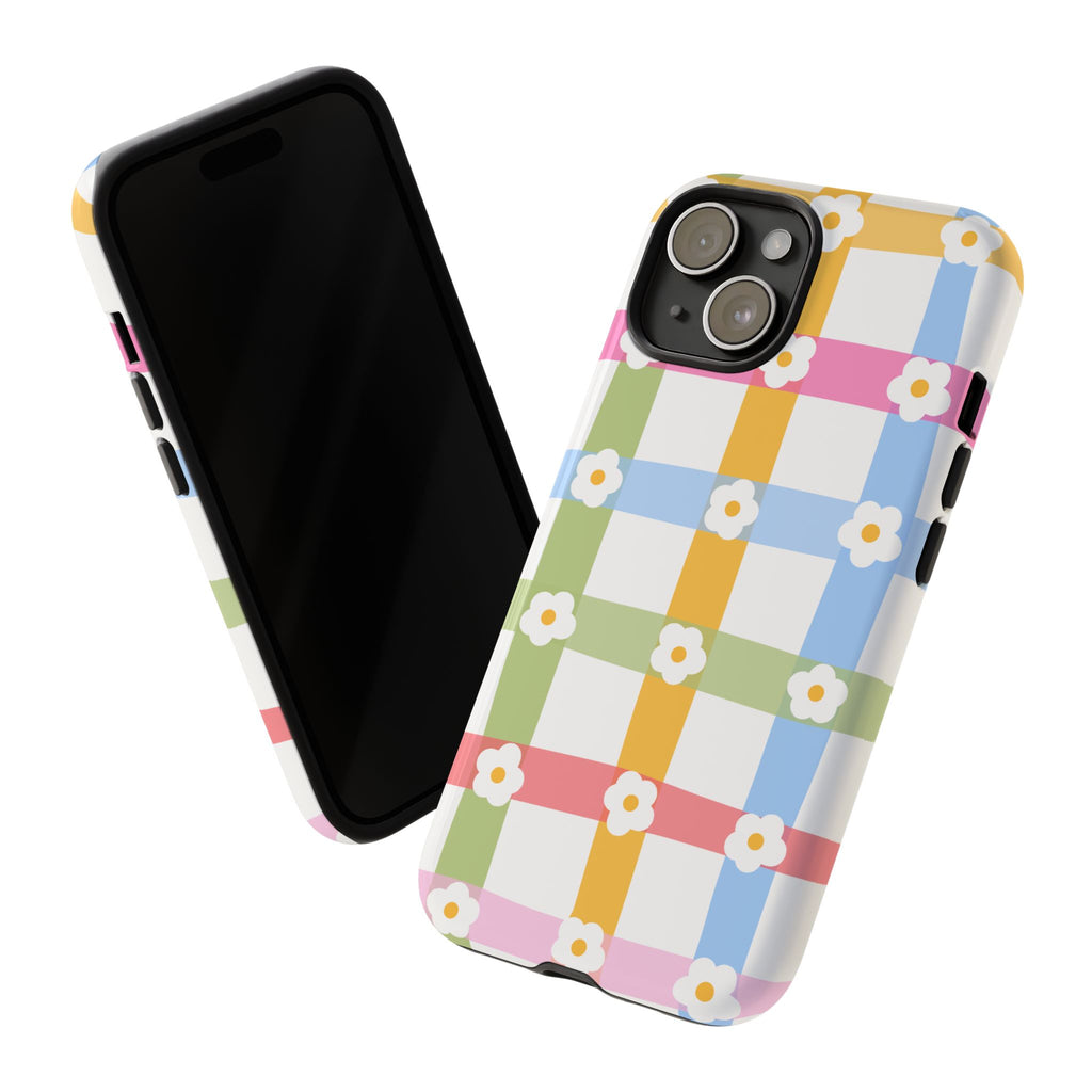 Floral Gingham  Pastel Checkerboard Phone Cover with Daisies