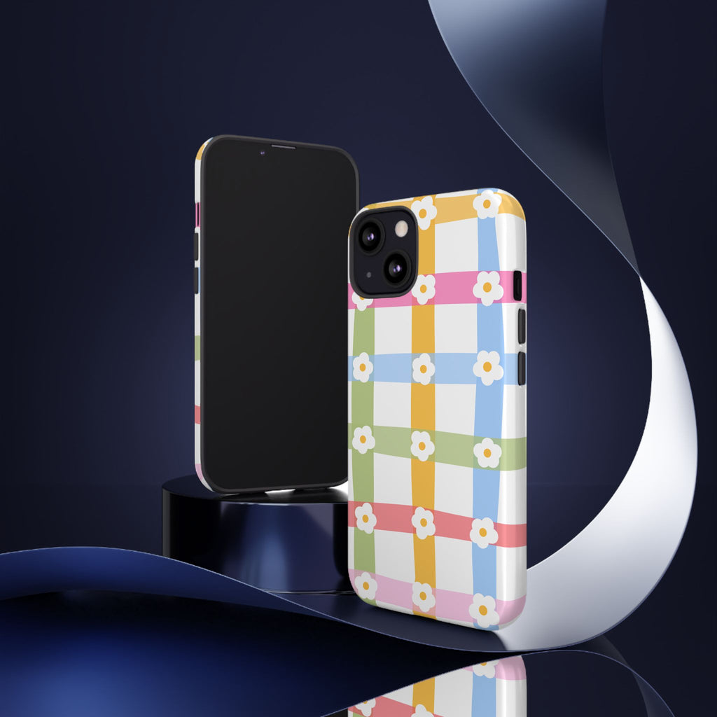 Floral Gingham  Pastel Checkerboard Phone Cover with Daisies