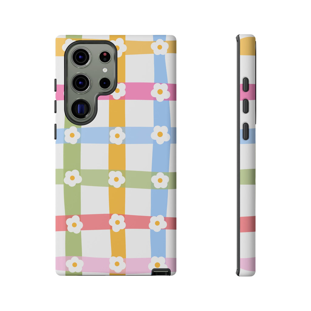 Floral Gingham  Pastel Checkerboard Phone Cover with Daisies