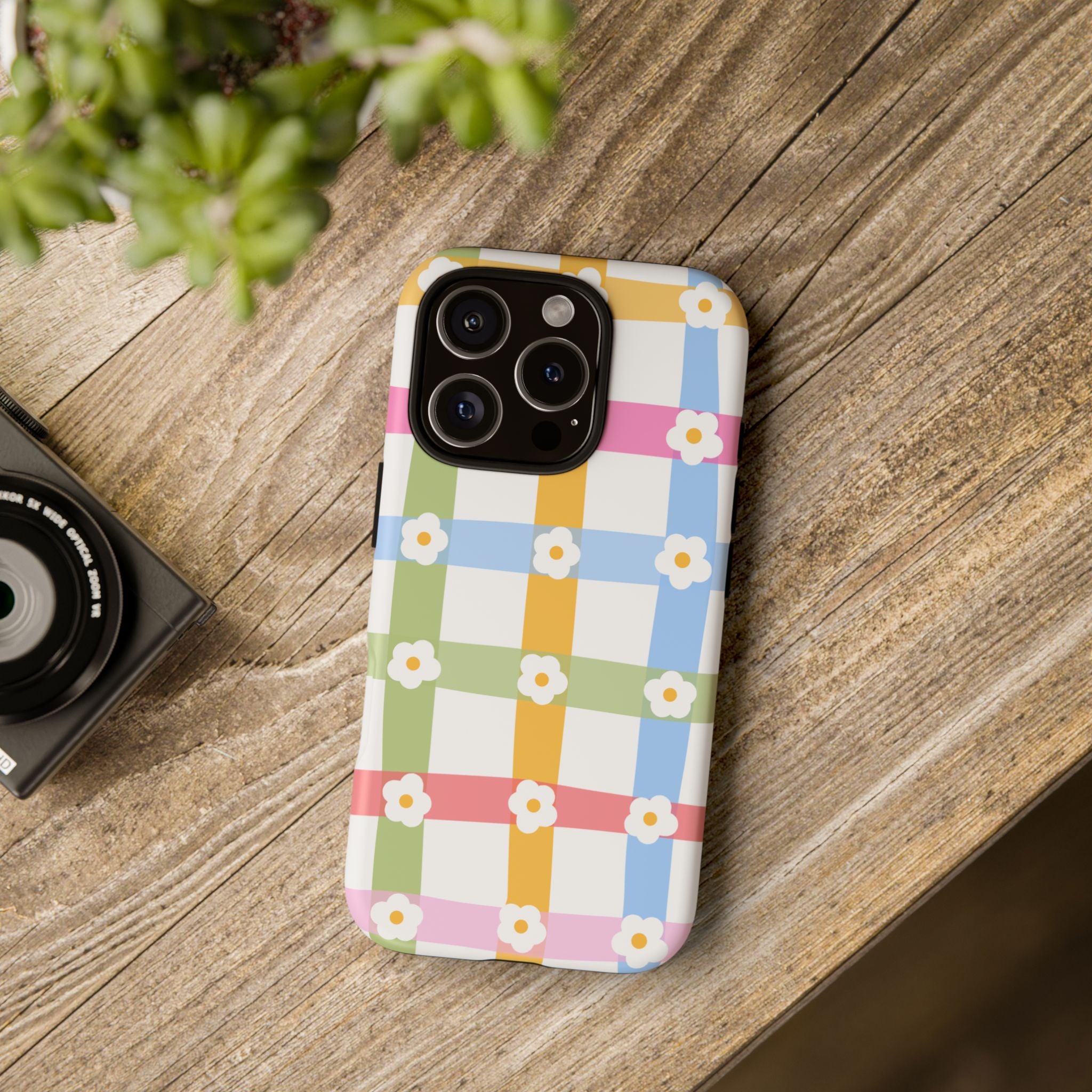 Floral Gingham  Pastel Checkerboard Phone Cover with Daisies