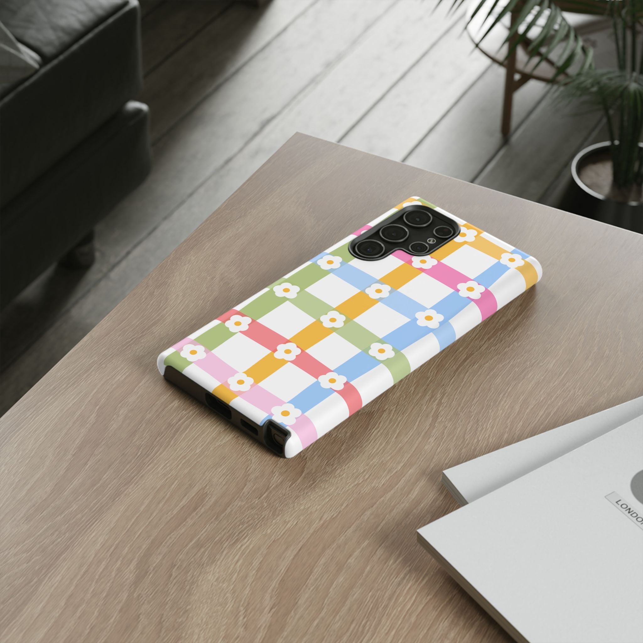 Floral Gingham  Pastel Checkerboard Phone Cover with Daisies