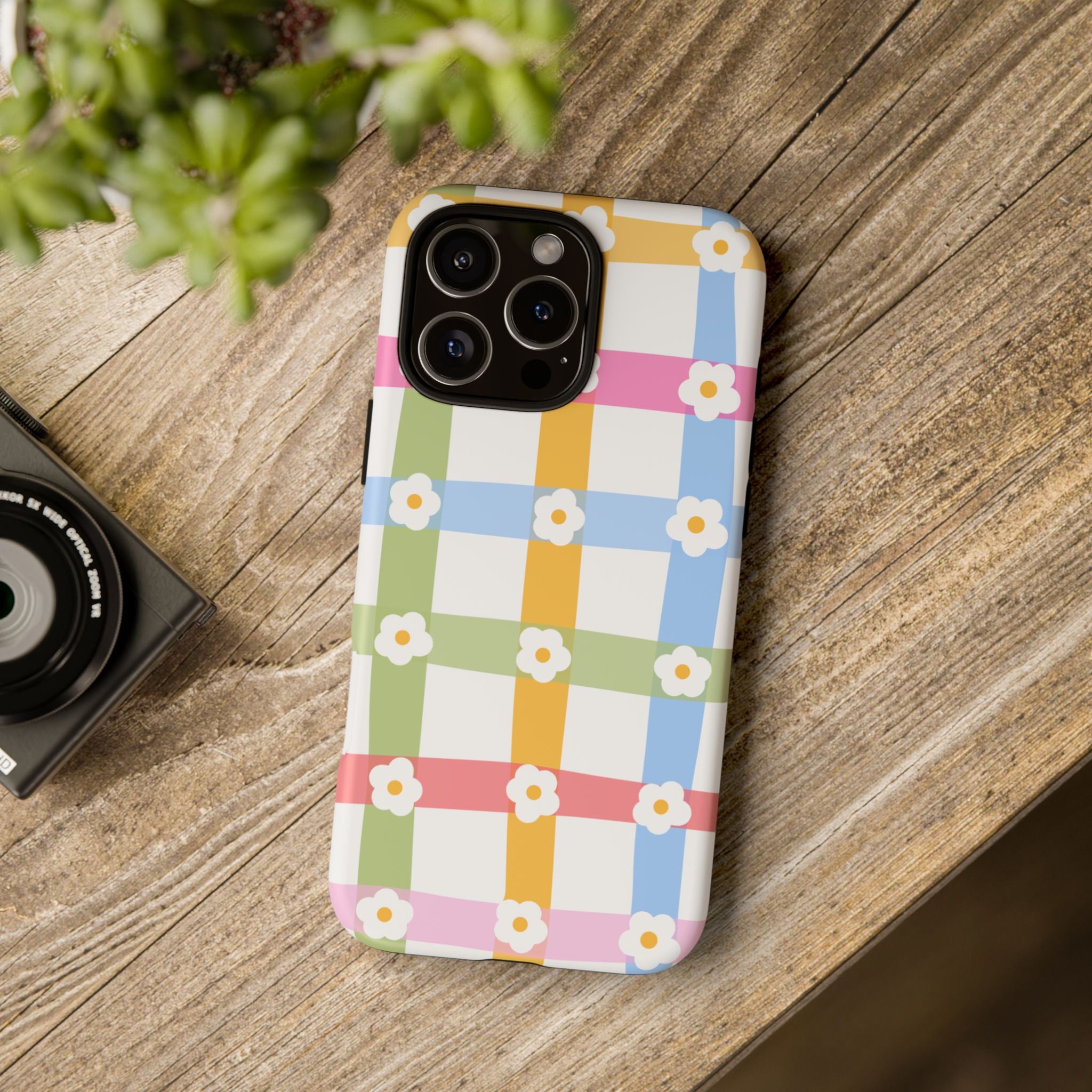 Floral Gingham  Pastel Checkerboard Phone Cover with Daisies