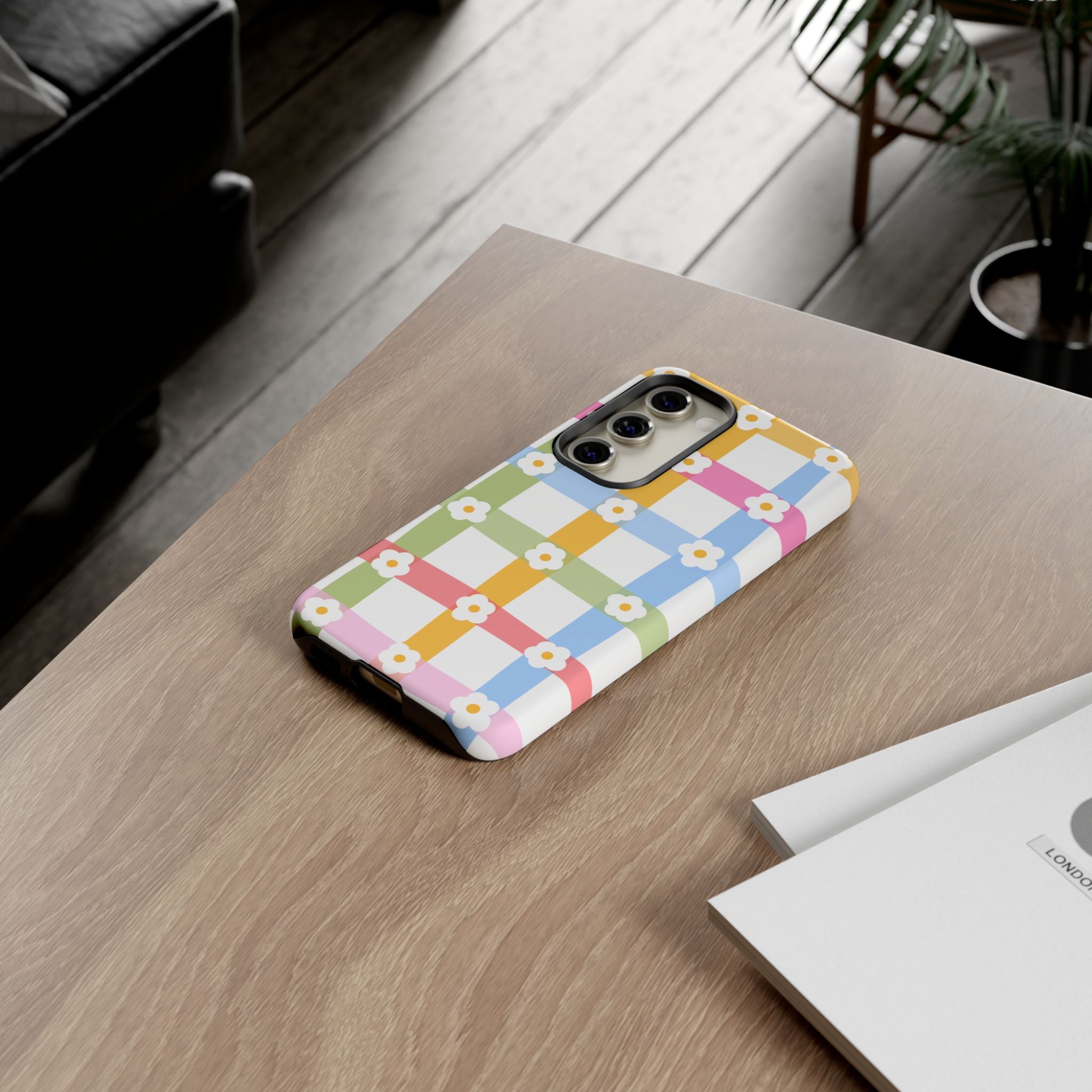 Floral Gingham  Pastel Checkerboard Phone Cover with Daisies