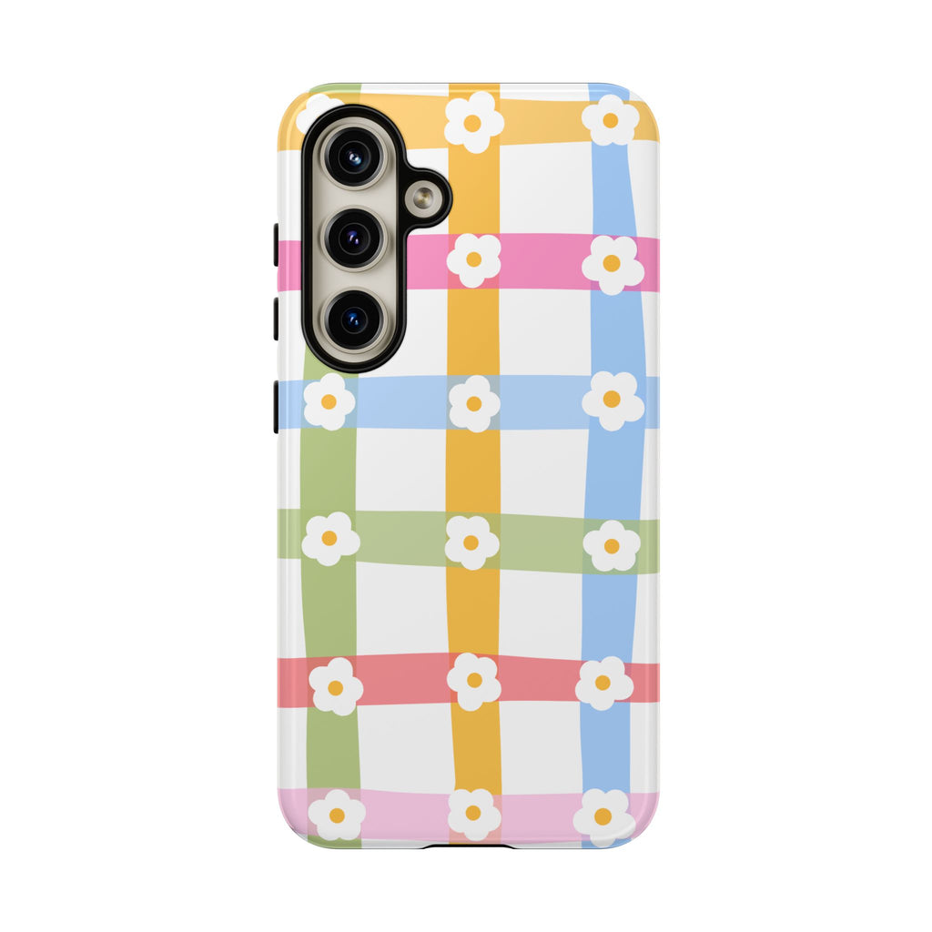 Floral Gingham  Pastel Checkerboard Phone Cover with Daisies