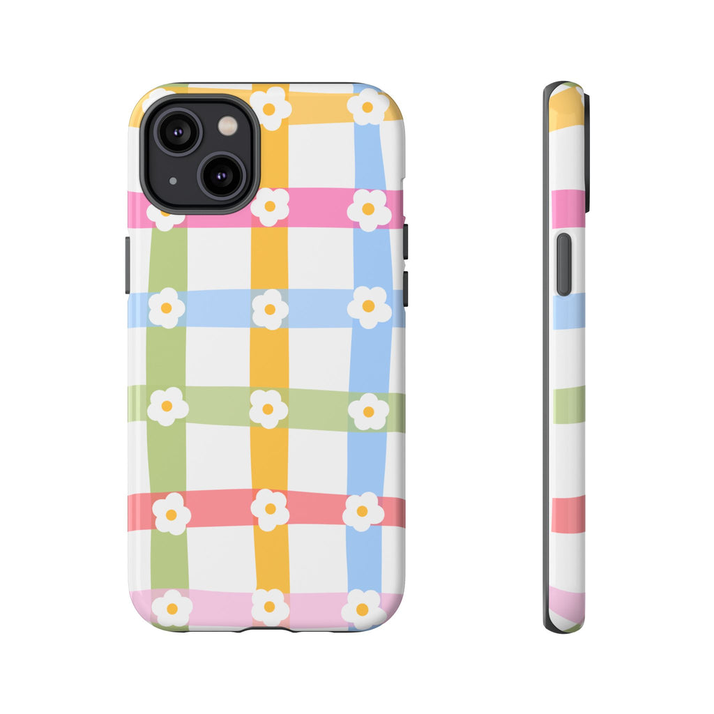 Floral Gingham  Pastel Checkerboard Phone Cover with Daisies