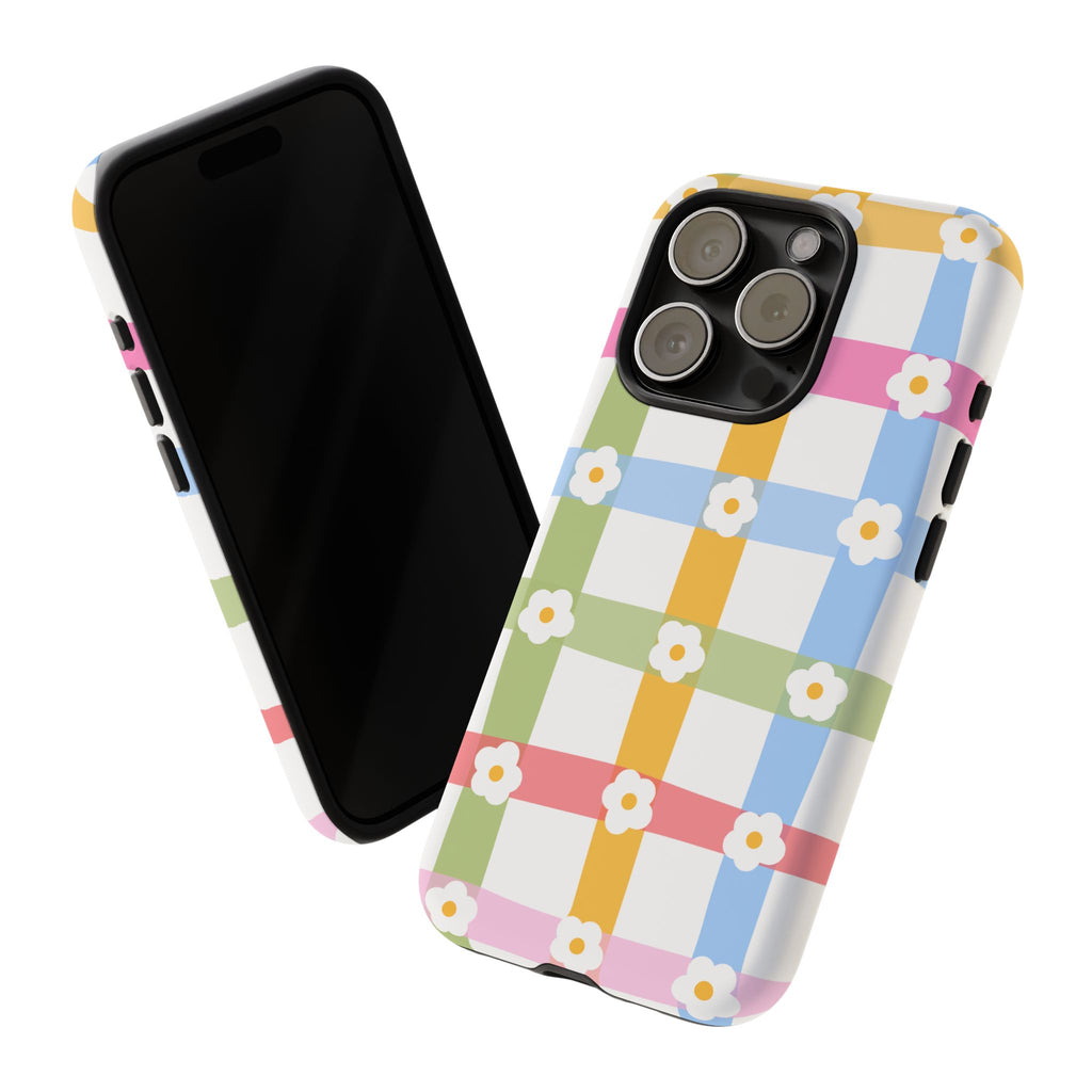Floral Gingham  Pastel Checkerboard Phone Cover with Daisies